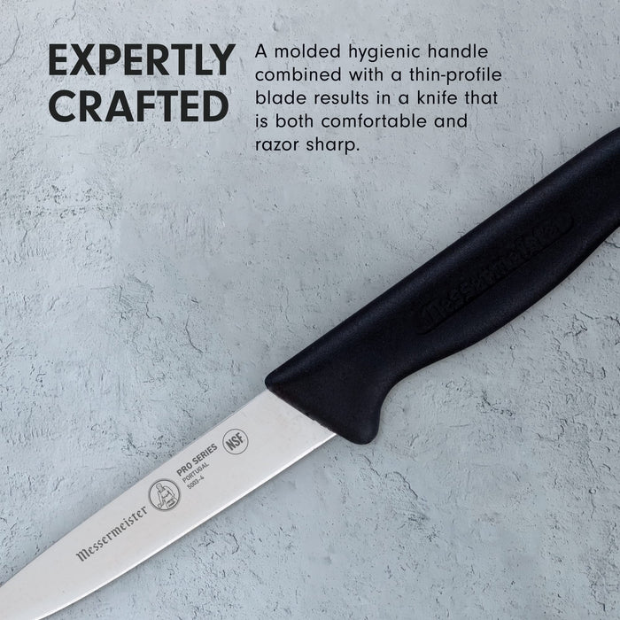 4 inch paring knife with description of expertly crafted knife on a clay, grey background