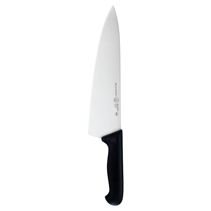 Chef's knife with a black handle on a white background