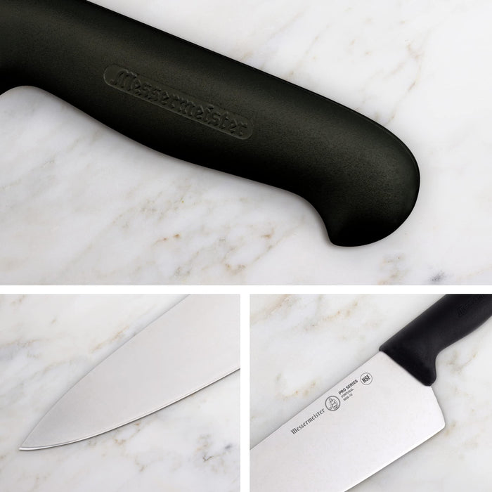 Three pictures of knife blade, knife handle, and knife hilt displayed on a marble background
