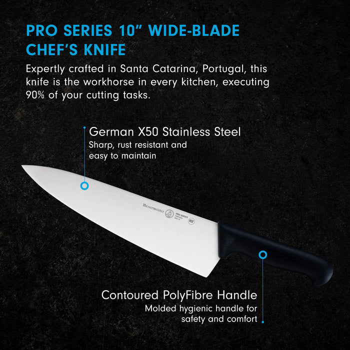 10 inch chef knife with description displayed on a black background