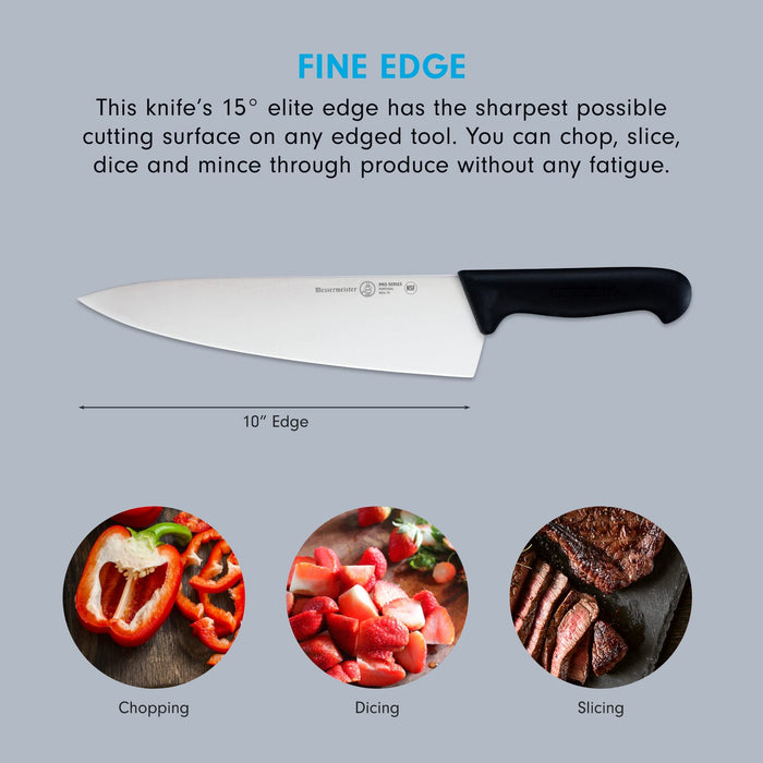 10 inch chef knife with description of fine edge and pictures of food with phrases underneath displayed on a blue background