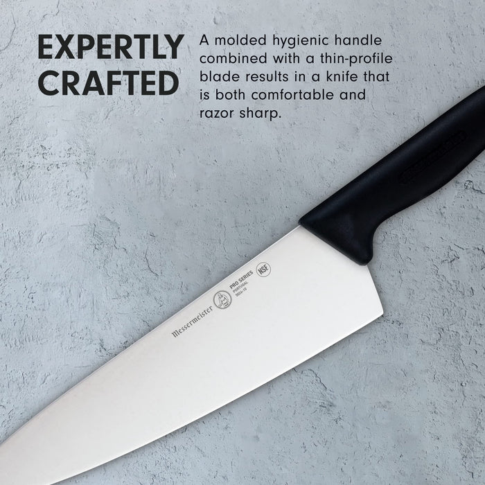 10 inch chef knife with description of expertly crafted displayed on a clay, blue background