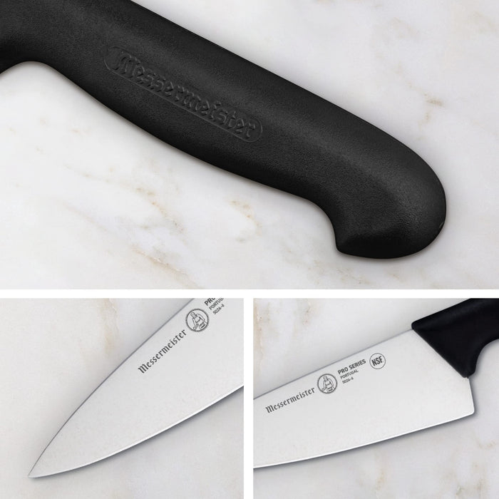 Three pictures of knife blade, knife handle, and knife hilt displayed on a marble surface
