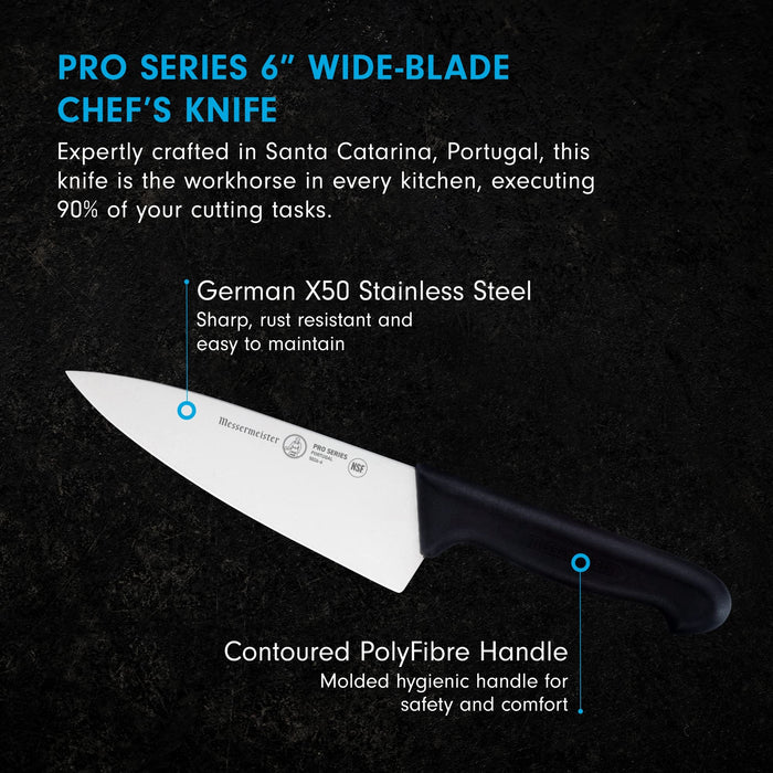 6 inch chef knife with description displayed on a black background