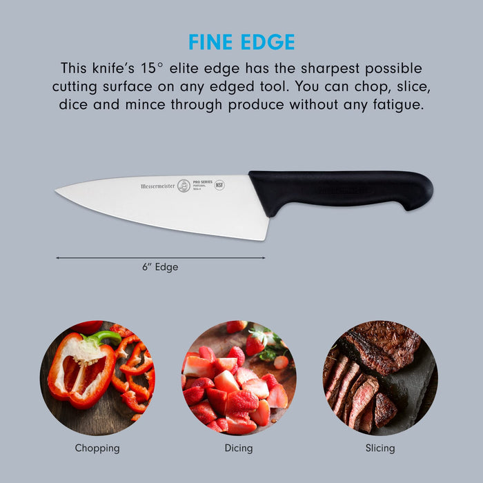 6 inch chef knife with description of fine edge and pictures of food with phrases underneath displayed on a grey background