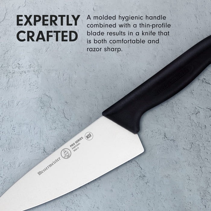 6 inch chef knife with description of expertly crafted displayed on a clay, grey background