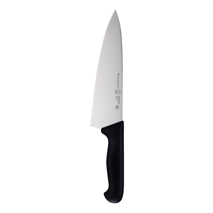 Chef's knife with a black handle on a white background
