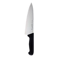 Chef's knife with a black handle on a white background