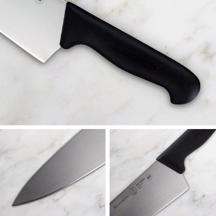 Three pictures of knife blade, knife handle, and knife hilt displayed on a marble background