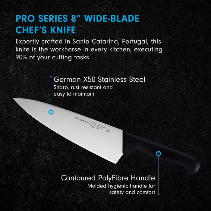 8 inch chef knife with description displayed on a black background