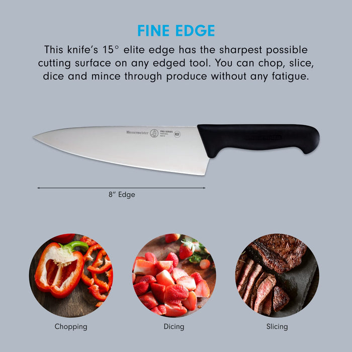 8 inch chef knife with description of fine edge and pictures of food with phrases underneath displayed on a blue background
