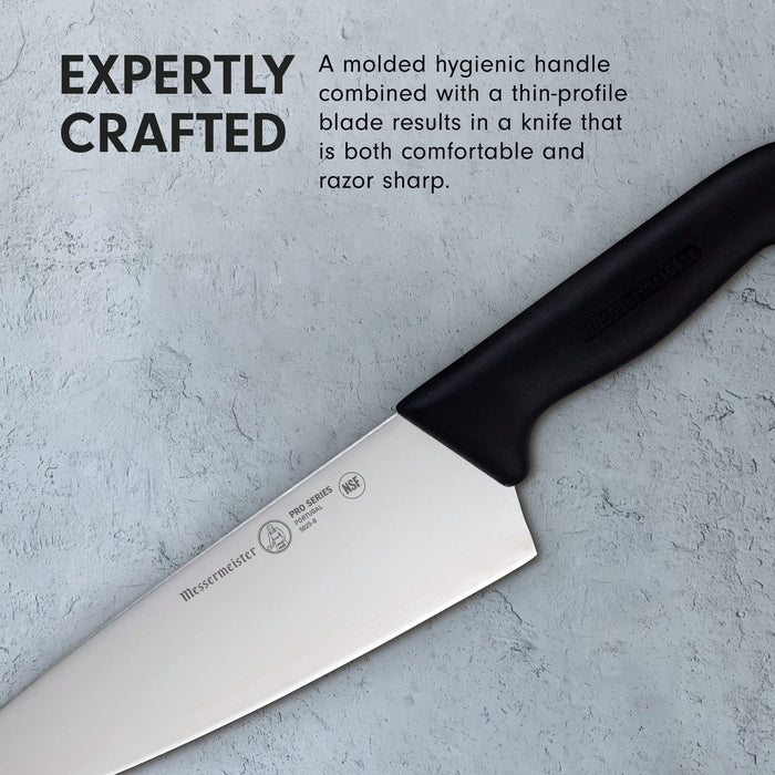 8 inch chef knife with description of expertly crafted displayed on a clay, blue background