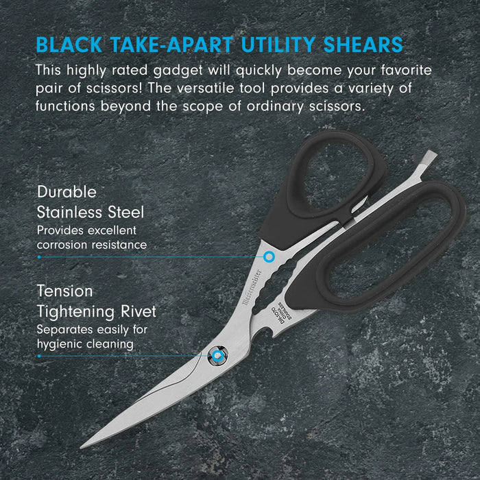 Black take-apart utility shears with text on a dark textured background