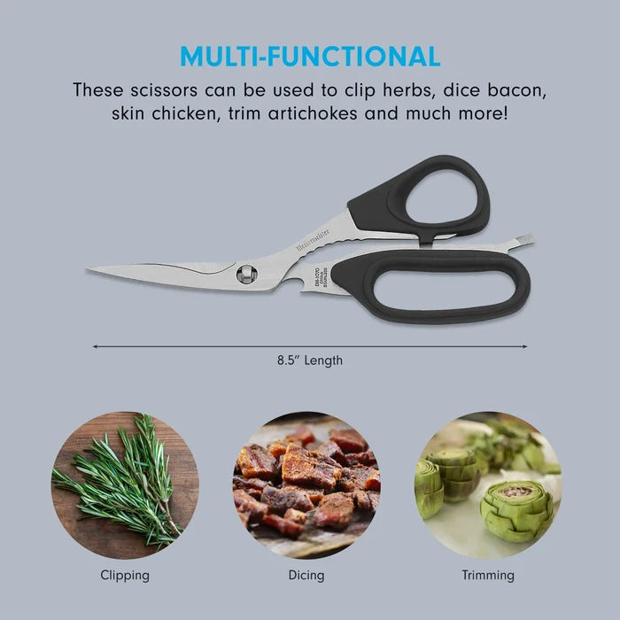 Multifunctional scissors with text and images of uses on a gray background