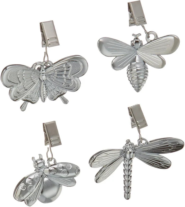 Four silver metal clip-on earrings shaped like butterflies, bees, ladybug, and dragonflies, arranged on a plain white background.