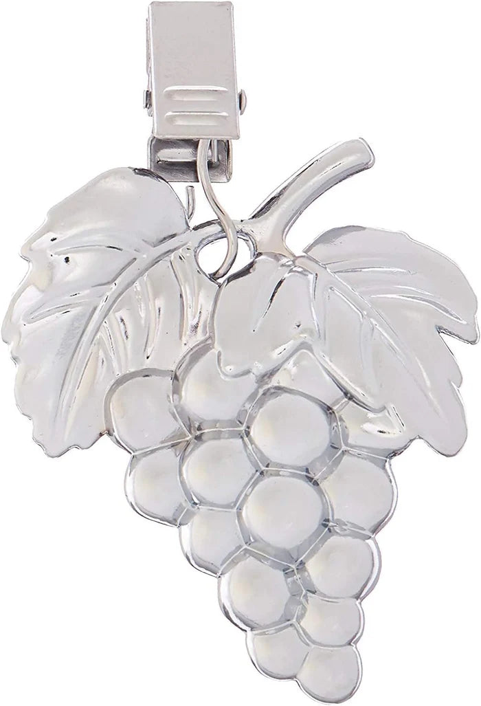 A silver-colored metal grape cluster pendant with a clip attachment, shown against a plain white background.