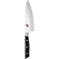 6 inch Miyabi Evolution Chef's Knife displayed vertically on a white background