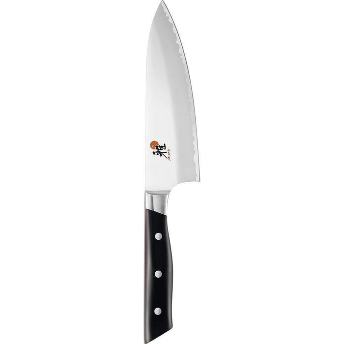 6 inch Miyabi Evolution Chef's Knife displayed vertically on a white background