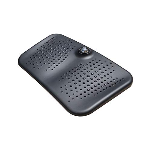 An anti-fatigue mat with a massage ball feature, designed for use at standing desks, in black color.