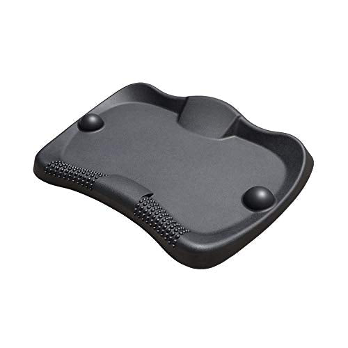 An anti-fatigue standing desk mat with integrated massage balls and textured dots for foot comfort, displayed in a curved black design.