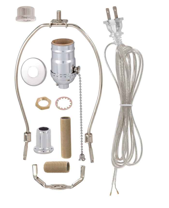 Nickel Finish Table Lamp Wiring Kit w/ Pull Chain Socket, Choice of Harp Size