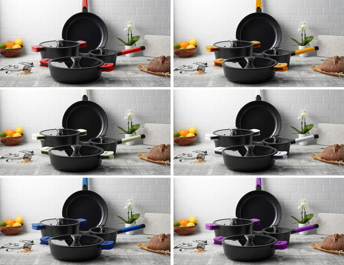 Zavor noir different colored 6pc handle grip set for noir cookware collection in a kitchen setting