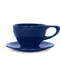 12 oz indigo Notneutral lino porcelain latte cup and saucer displayed on a white background