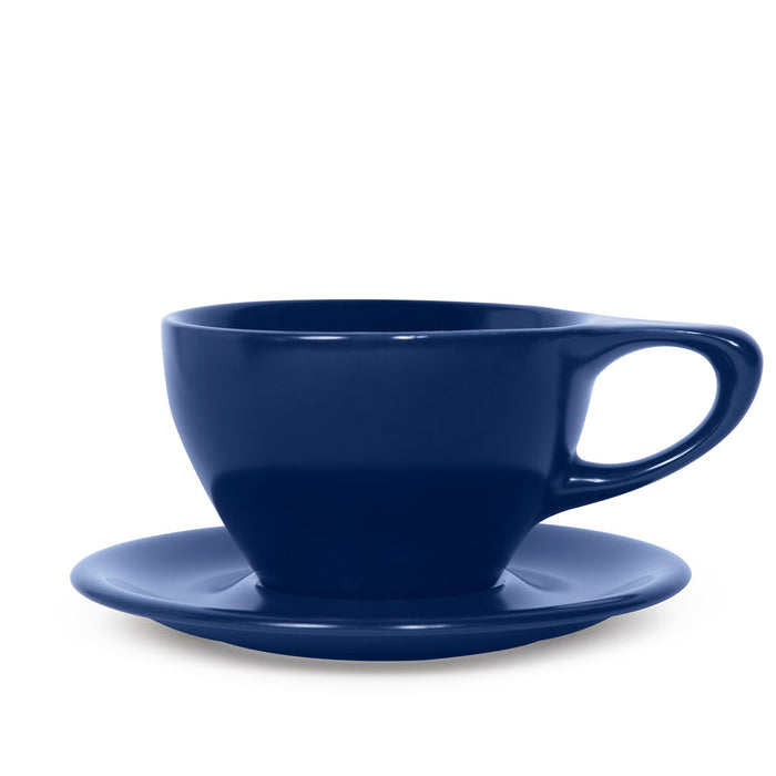 12 oz indigo Notneutral lino porcelain latte cup and saucer displayed on a white background