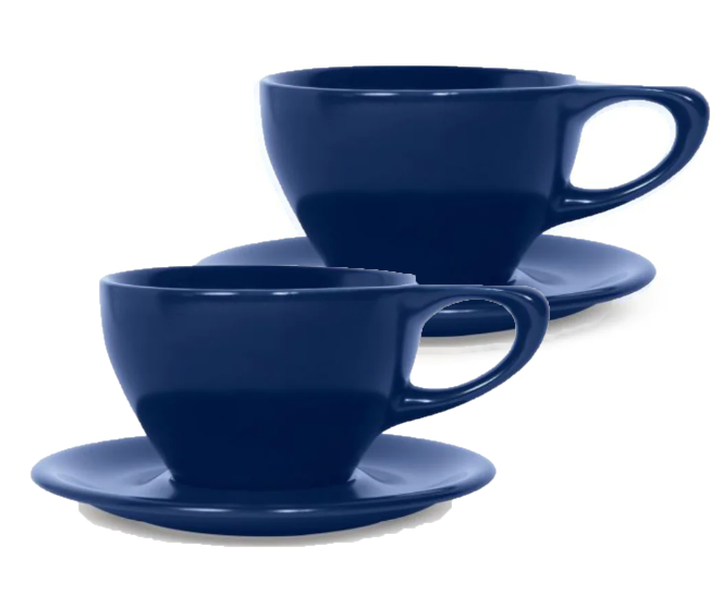 Set of two indigo 12 oz notneutral lino porcelain latte cup and saucer on a white background