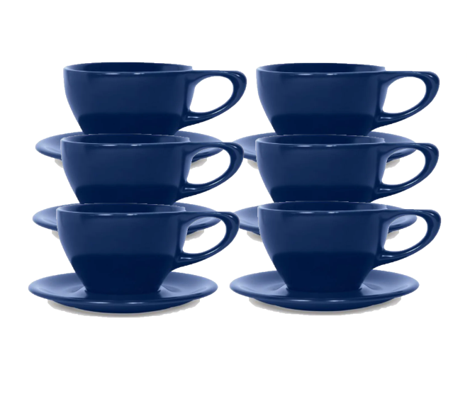 Set of 6 12 oz indigo Notneutral lino porcelain latte cup and saucer displayed on a white background