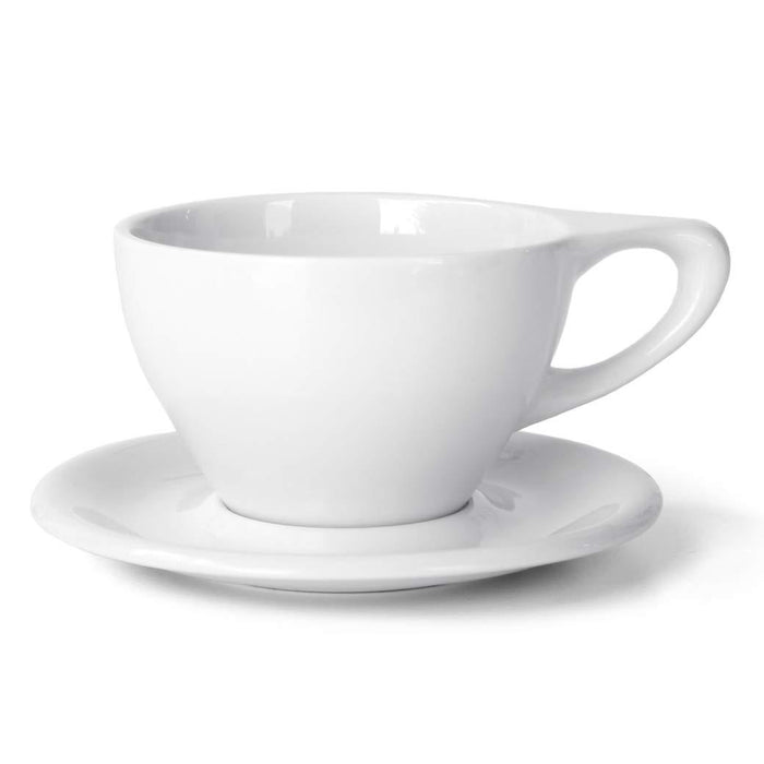 12 oz white Notneutral porcelain latte cup and saucer displayed on a white background