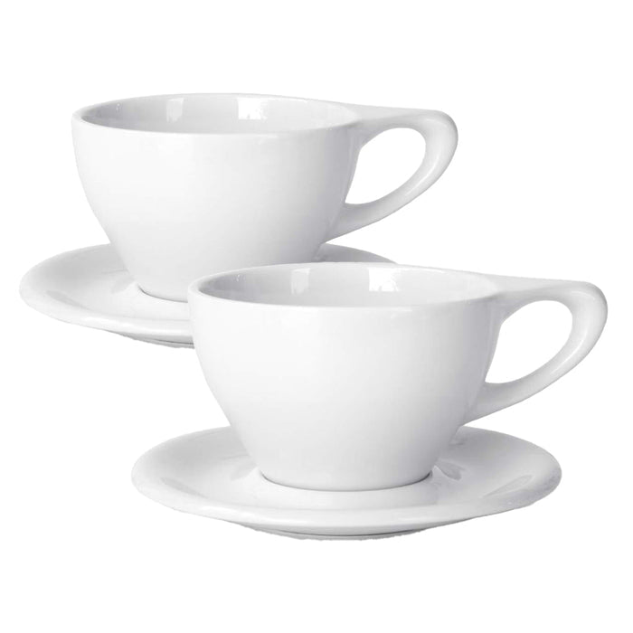Set of 2 12 oz white Notneutral porcelain latte cup and saucer displayed on a white background