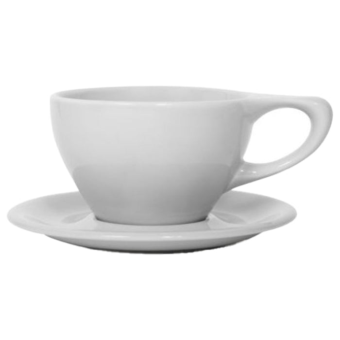 12 oz light gray Notneutral porcelain latte cup and saucer displayed on a white background