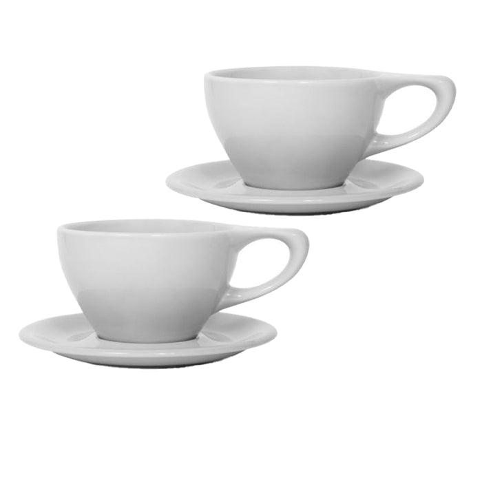 Set of 2 12 oz light gray Notneutral porcelain latte cup and saucer displayed on a white background
