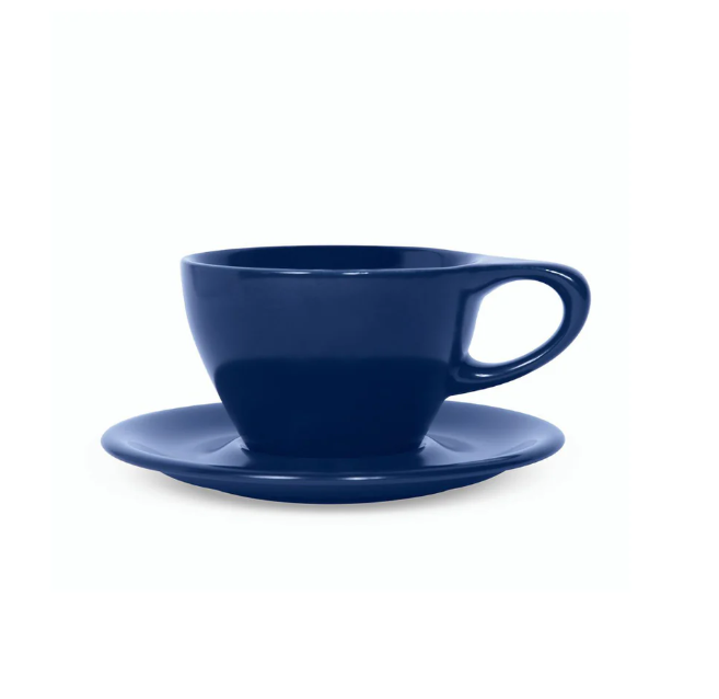 Indigo Notneutral lino cappuccino cup and saucer displayed on a white background