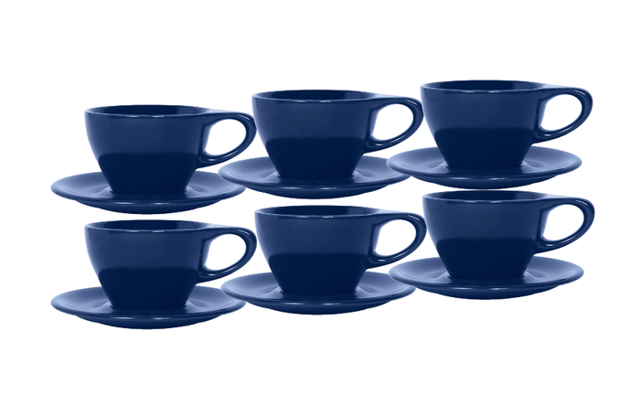 Set of six indigo notneutral cappuccino cup and saucer on a white background