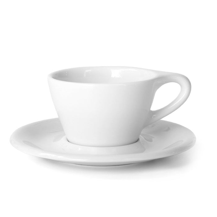 A white porcelain cappuccino cup with a matching saucer, set against a white background.
