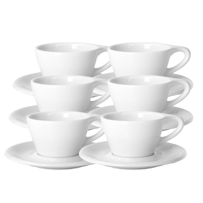 Set of 6 white Notneutral lino cappuccino cup and saucer displayed on a white background