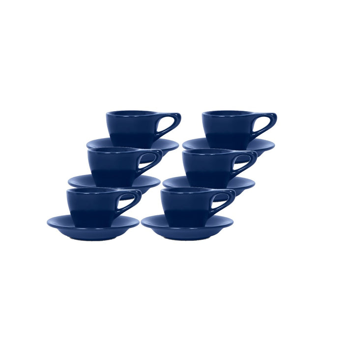 Set of 6 Notneutral indigo lino espresso cup and saucer displayed on a white background