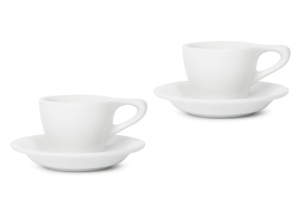 Set of 2 white Notneutral lino espresso cup and saucer displayed on a white background