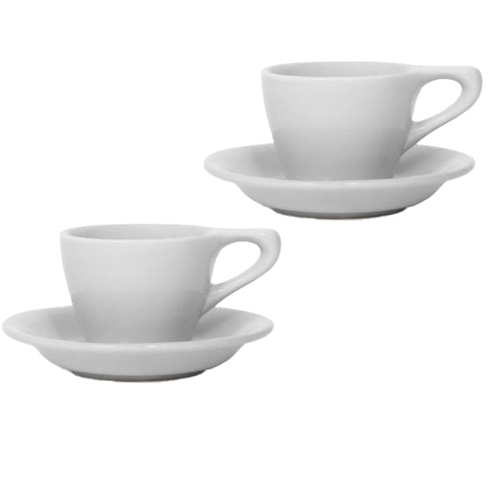 Set of 2 light gray Notneutral lino espresso cup and saucer displayed on a white background