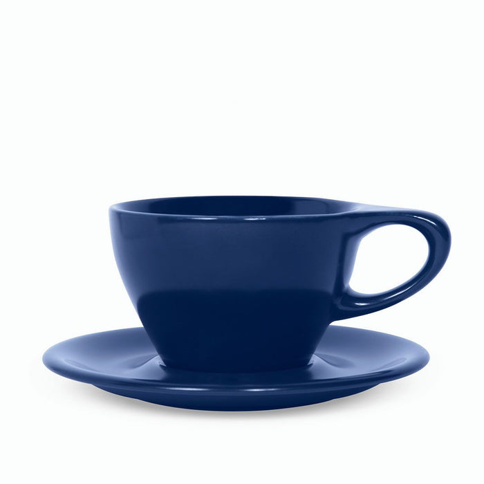 8 oz Indigo Notneutral lino latte cup and saucer displayed on a white background