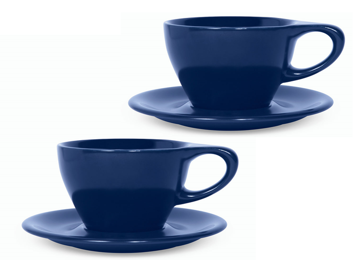 Set of 2 8 oz indigo Notneutral lino latte cup and saucer displayed on a white background