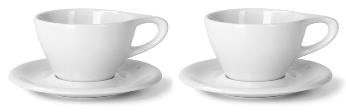 Set of 2 8 oz white Notneutral lino latte cup and saucer displayed on a white background
