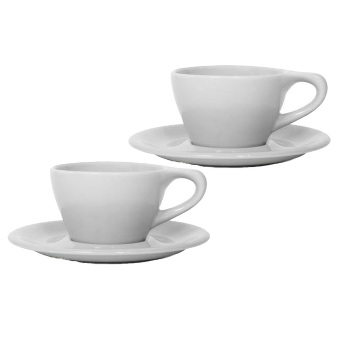 Set of 2 8 oz light gray Notneutral lino latte cup and saucer displayed on a white background