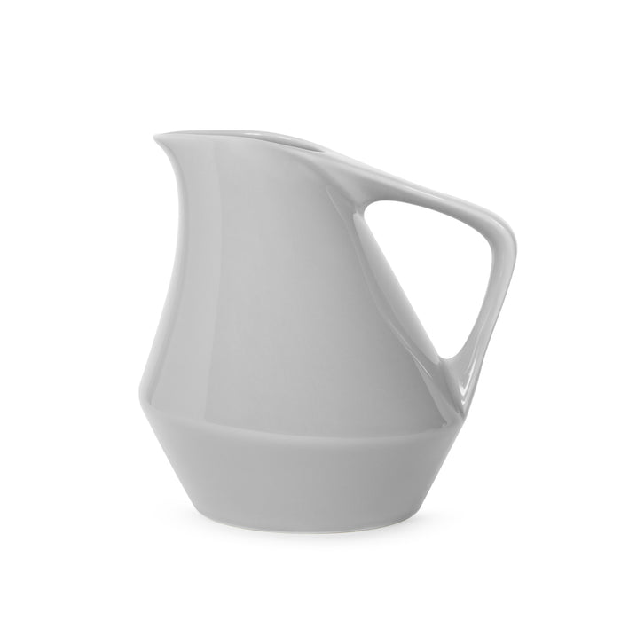 Front view of gray ceramic pitcher on a white background