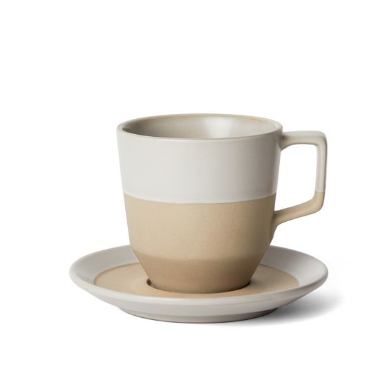 Large 12 oz natural notneutral latte pico cup and saucer on a white background