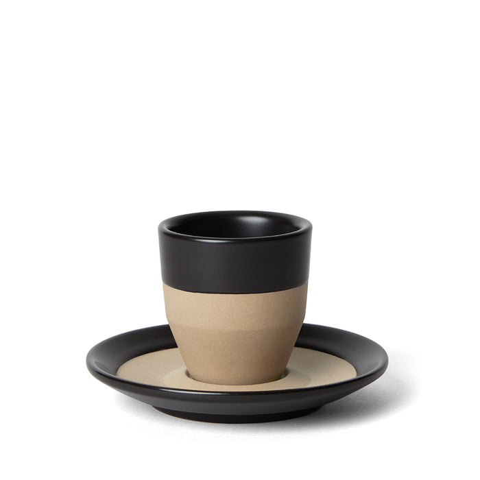 3 oz black notneutral espresso pico cup and saucer on a white background