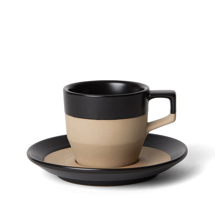 6 oz black notneutral cappuccino pico cup and saucer on a white background