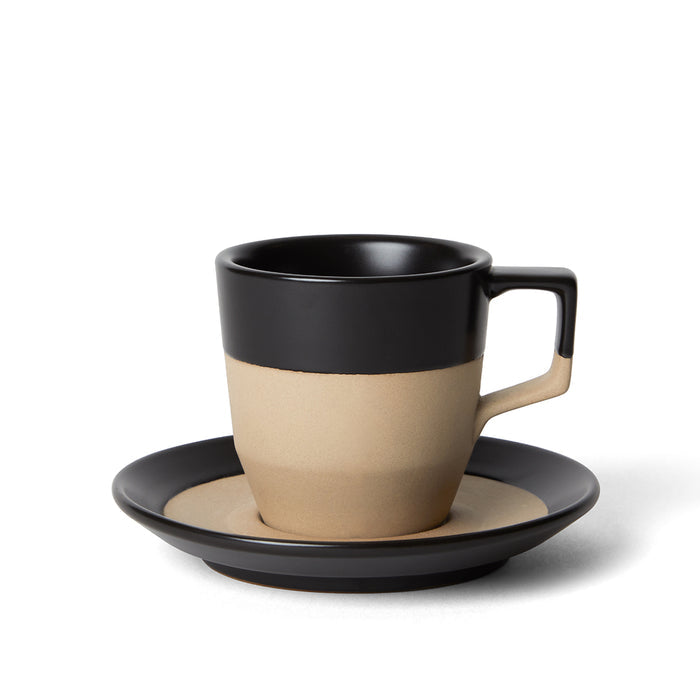 Small 8 oz black notneutral latte pico cup and saucer on a white background